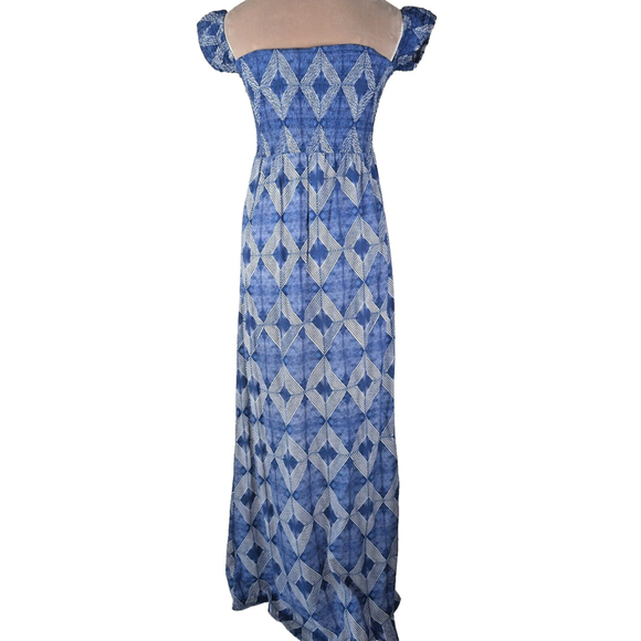 Anthropologie Aila Blue Smocked Ruffle Maxi Dress Navy Blue Ikat Geometric S - Picture 3 of 11